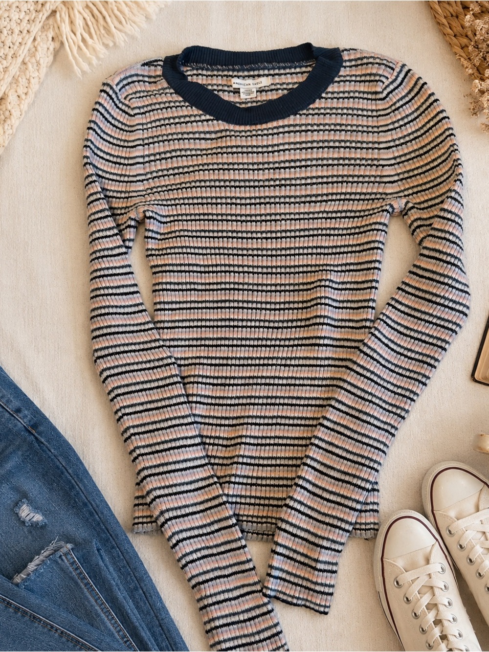 American Eagle Striped Ribbed Sweater Navy Pink Crew Neck Small